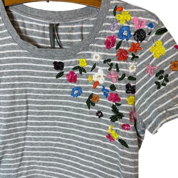 by Anthropologie Women’s XS Striped Tee Flower Embroidery Sequins - Picture 2 of 7